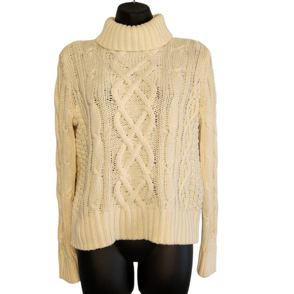 Lands' End Drifter cable knit turtleneck sweater cream size M NWT